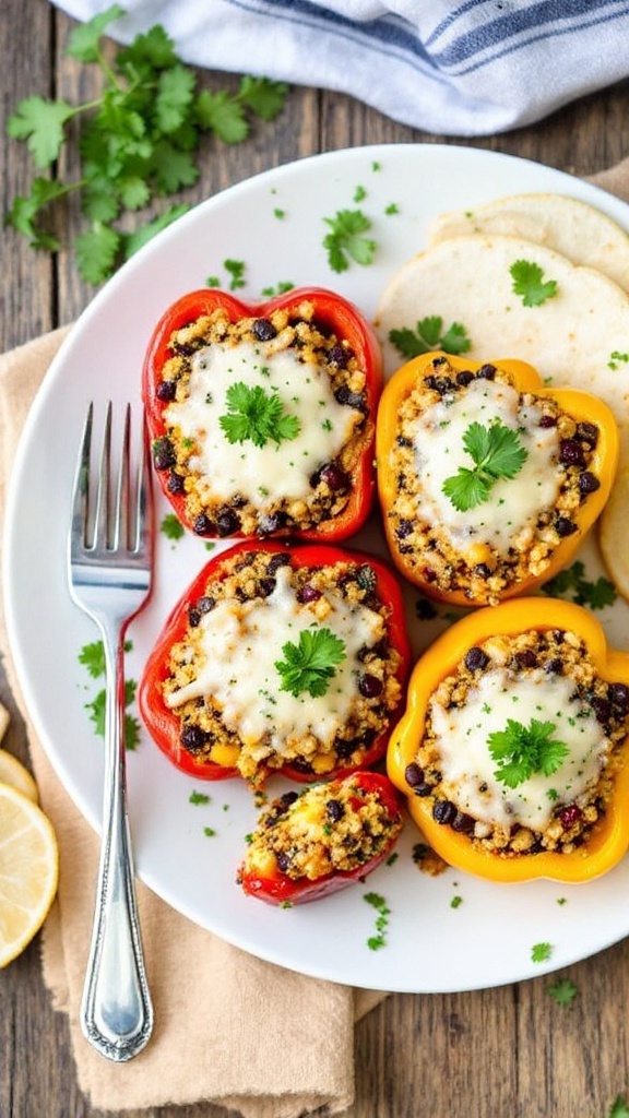 Stuffed bell peppers with quinoa and black beans topped with cheese and cilantro on a wooden table.